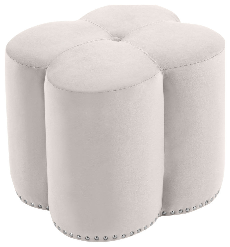 Clover Velvet Upholstered Ottoman, Cream, 19" W x 17" D