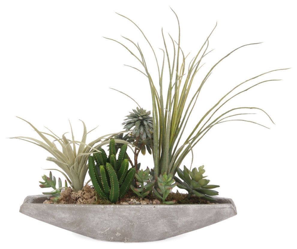 Artificial Succulents Arrangement in Cement Boat Pot