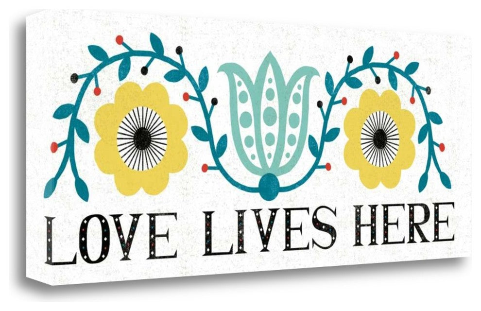 "Folk Lodge Love Lives Here V2 Teal" By Michael Mullan, Gallery Wrap Canvas
