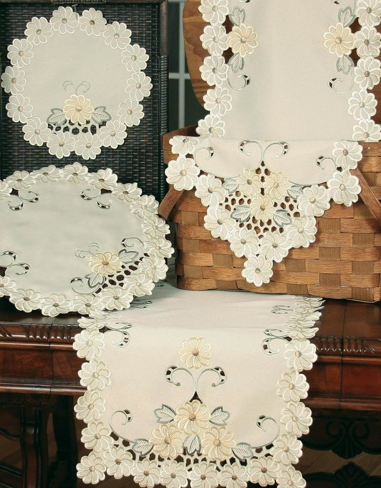 Emerald Daisy Embroidered Cutwork 34"x34" Table Topper