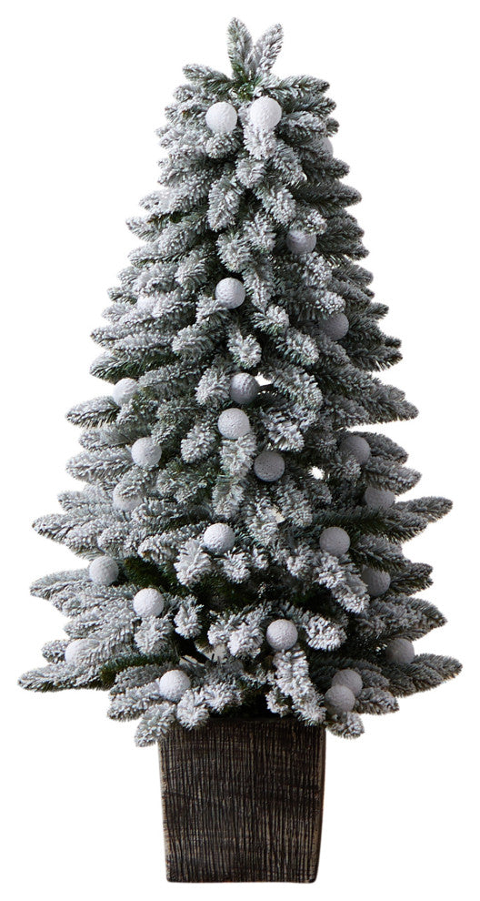 4' Winter Flocked Pre-Lit Faux Xmas Tree W/40 Globe Lights, Bendable Branches