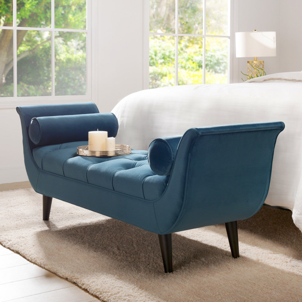 Alma 65" Tufted Entryway Bench With Bolster Pillows, Satin Teal Velvet