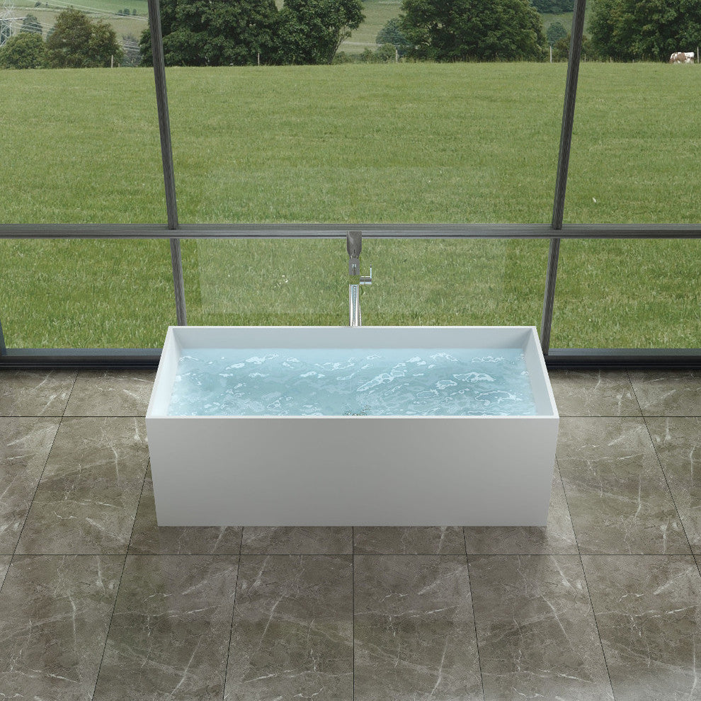 66" Polystone Rectangular Free-Standing Bathtub, Glossy White, No Faucet