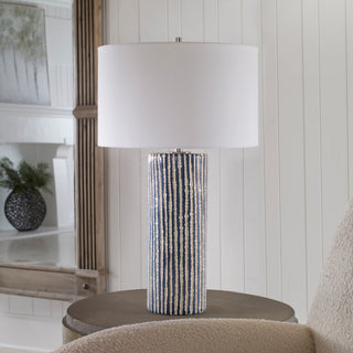Rustic Coastal Cobalt Blue Ivory White Table Lamp 28 in Ceramic Cylinder