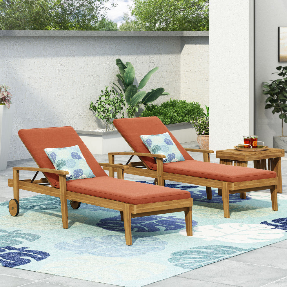 Lucknow Outdoor Acacia Wood Chaise Lounge with Water Resistant Cushion, Set of 2, Orange + Teak