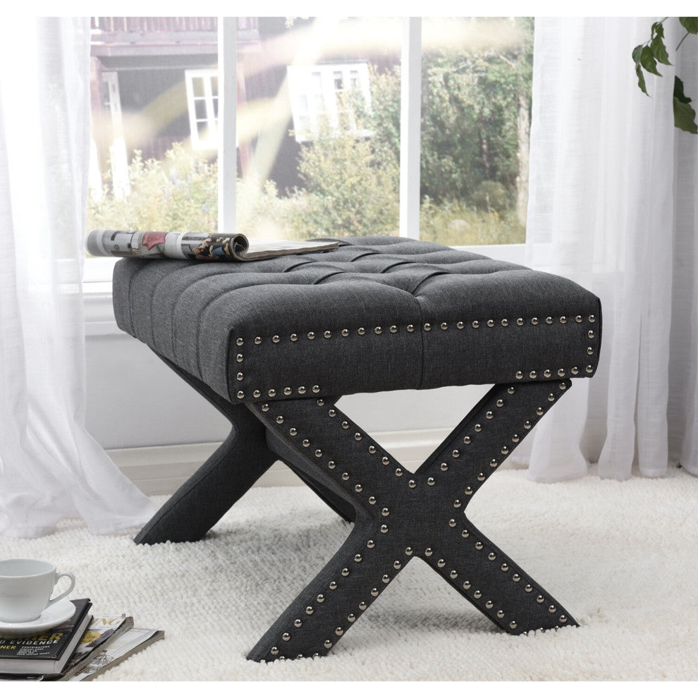 Paola Linen Button Tufted Silver Nailhead Trim X-Leg Ottoman, Dark Gray
