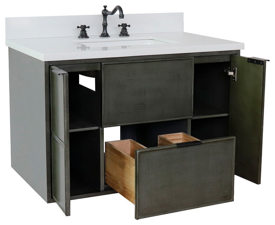 37" Single Wall Mount Vanity, Linen Gray Finish With White Engineered Stone Top