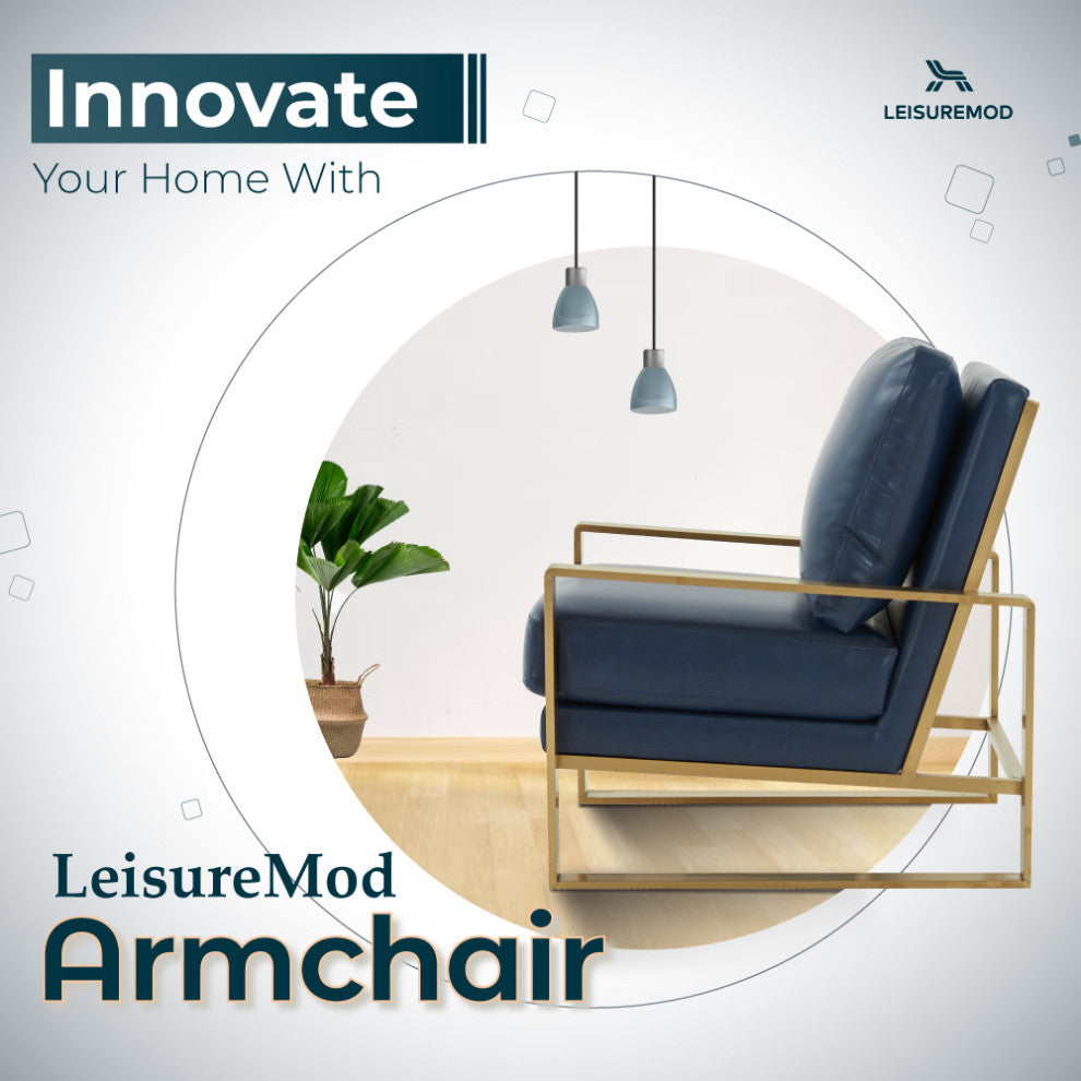 LeisureMod Jefferson Faux Leather Accent Armchair With Gold Frame, Navy Blue