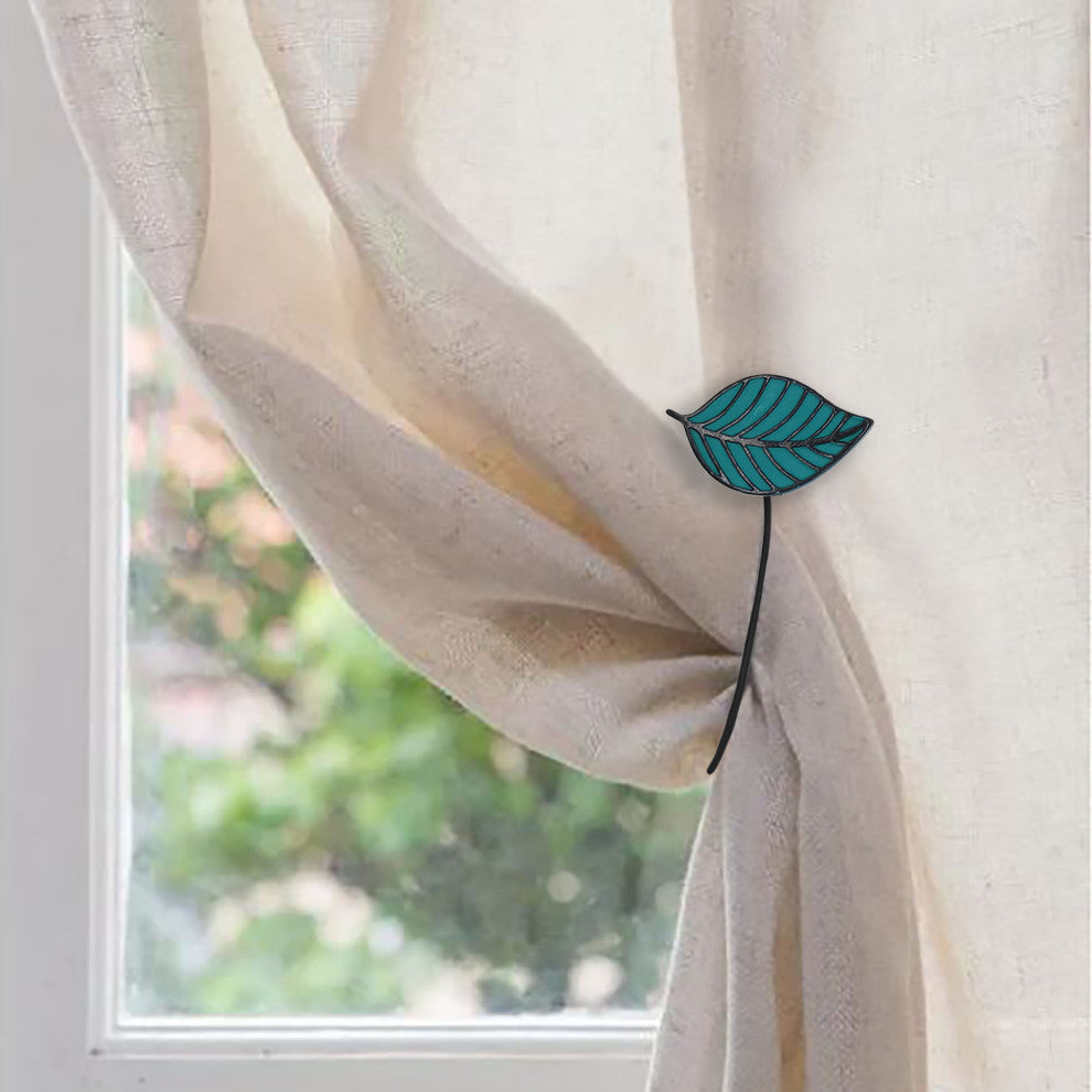 Magnetic Curtain Tiebacks "“ Leaf Design in Resin, Teal, Pack of 1
