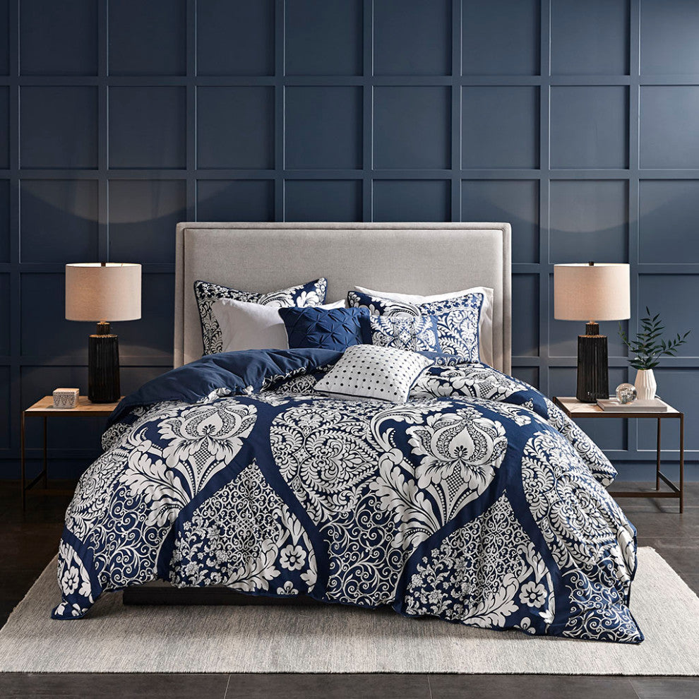 Madison Park Vienna Cotton Sateen Damask Comforter/Duvet Cover Set, Blue