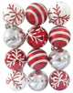 Red And White Ball Ornament With Snowflake And Line Glitter Design