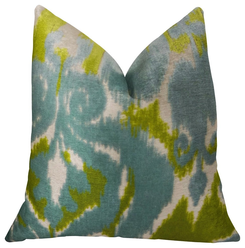 Velvet Pine Cliff Blue Citrine and Cream Handmade Luxury Pillow, 20"x36" King