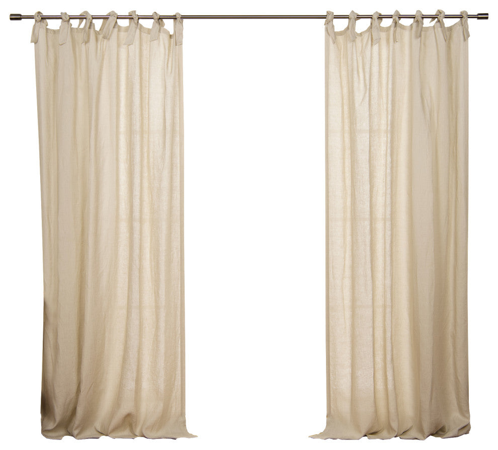 100% Linen Romantic Tie Top Curtain Set, Natural, 52" W X 96" L