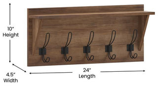 Daly Wall Mounted Solid Pine Wood Storage Rack With Upper Shelf and 5 Hooks, Weathered Brown