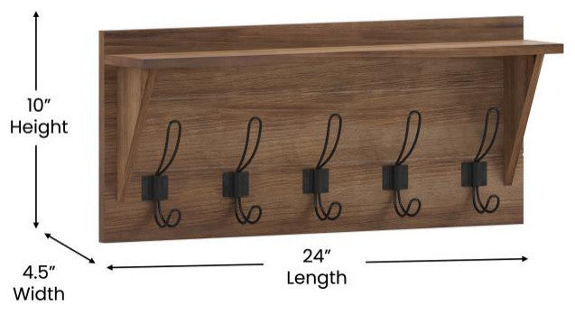 Daly Wall Mounted Solid Pine Wood Storage Rack With Upper Shelf and 5 Hooks, Weathered Brown