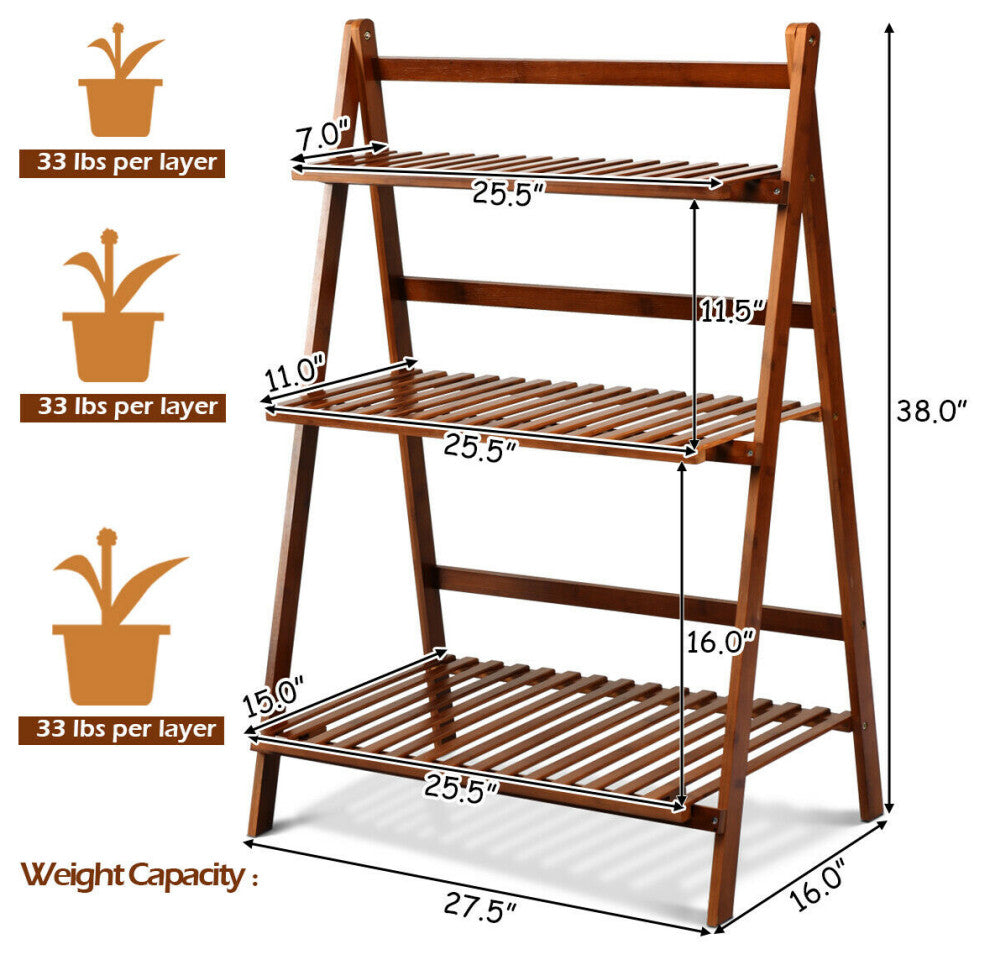 Costway 3 Tier Folding Shelf Stand Bamboo Flower Pot Display Rack Organizer