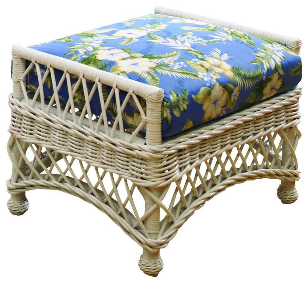 Bar Harbor Ottoman, White, Astrid-Geranium Fabric