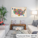 "Typographic Text USA (States) Map" by Michael Tompsett, 18x12x1.5"