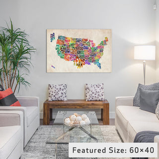 "Typographic Text USA (States) Map" by Michael Tompsett, 18x12x1.5"