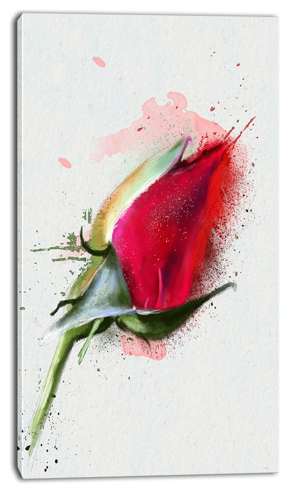 Red Rose Bud Watercolor Sketch, Flowers Canvas Wall Artwork, 16"x32"