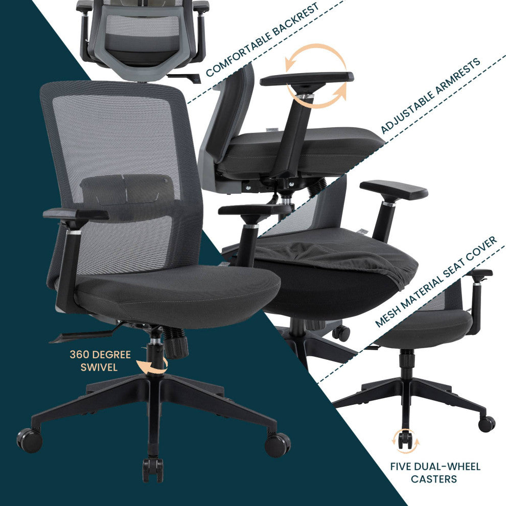 LeisureMod Ingram Modern Mesh Office Task Chair With Adjustable Armrests, Grey/Grey
