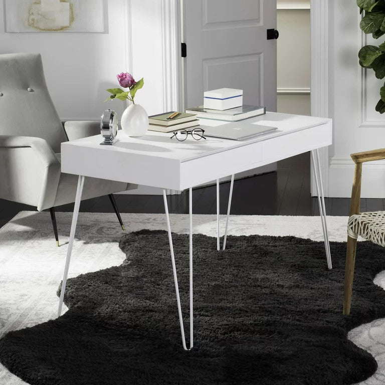 Contemporary Desk, Hairpin Chrome Legs With White Lacquered Top & 2 Drawers