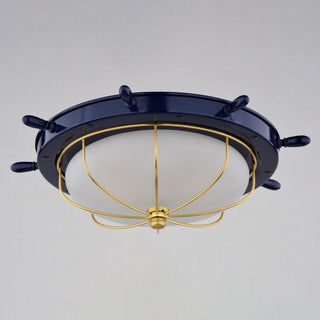 Orleans Navy Blue Gold Coastal Ship Wheel Indoor Outdoor Ceiling Light Fixture, Navy Blue and Matte Gold