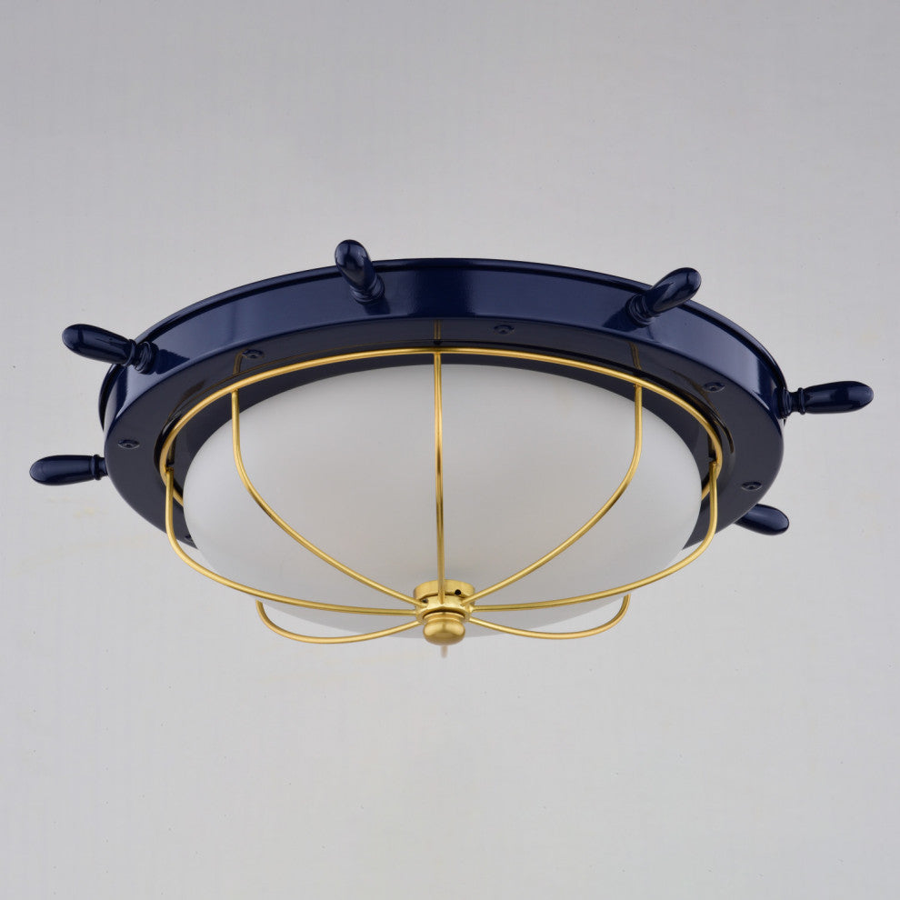 Orleans Navy Blue Gold Coastal Ship Wheel Indoor Outdoor Ceiling Light Fixture, Navy Blue and Matte Gold
