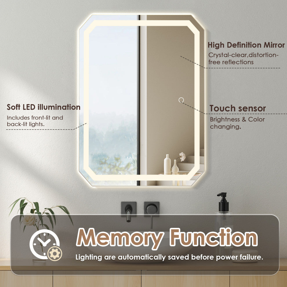 Luma Octogan Frameless LED Bathroom Vanity Mirror, 24"