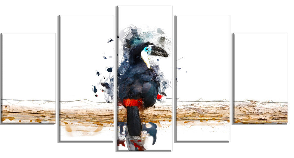 Toucan on the Branch, Animal Canvas Wall Art, 60"x32", 5 Panels