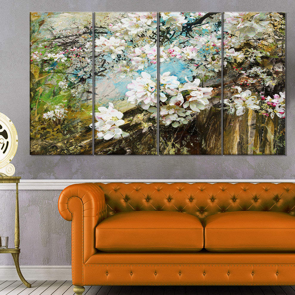 Apple Blossoms With White Flowers, Floral Art Canvas Print, 48"x28", 4 Panels