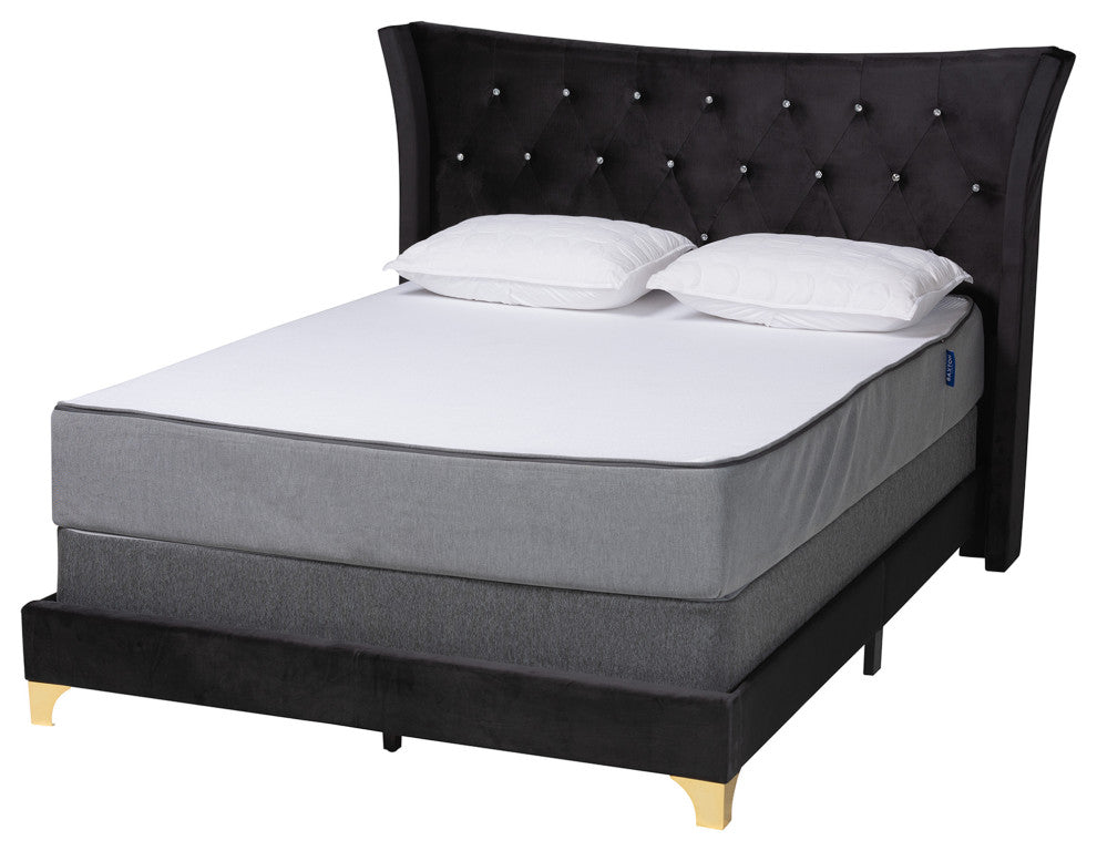 Fae Velvet Queen Size Panel Bed, Black/Gold