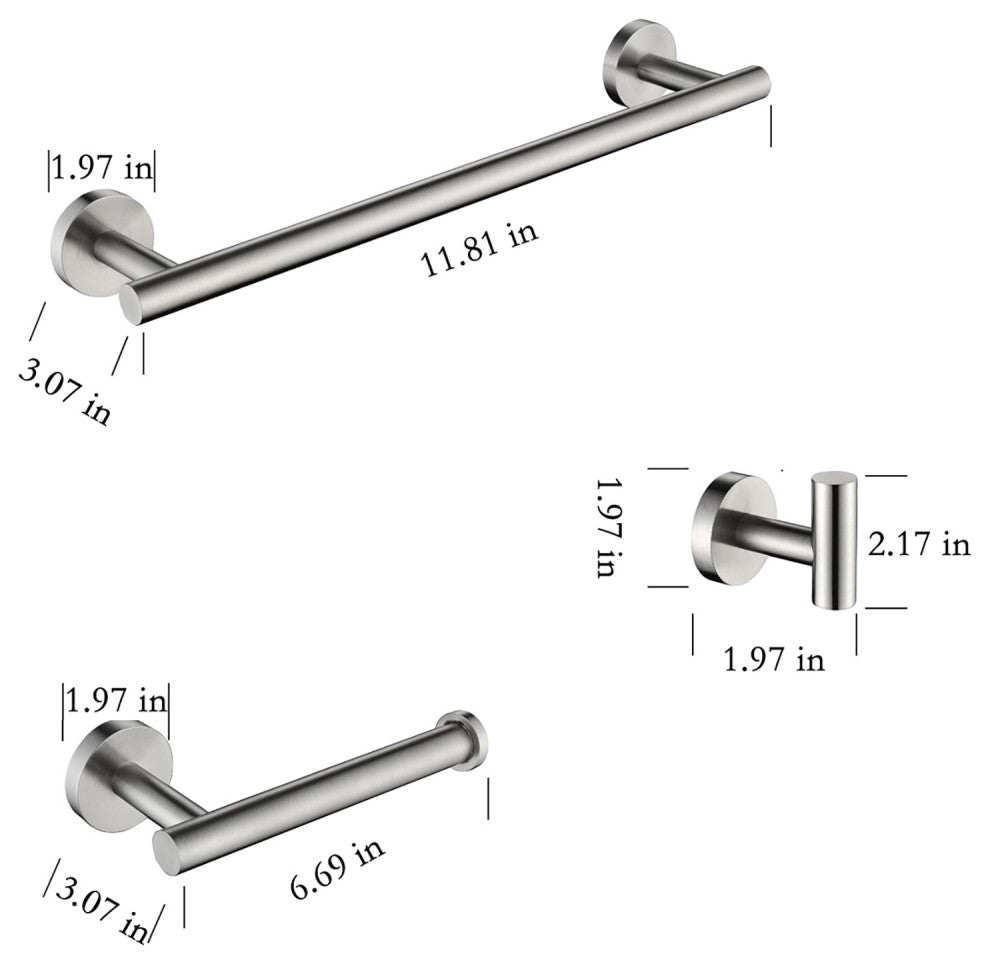 3-Piece Wall Mounted Bathroom Accessory Set, Brushed Nickel