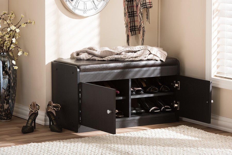 Margaret 2-Door Wood Shoe Cabinet With Faux Leather Seating Bench, Espresso