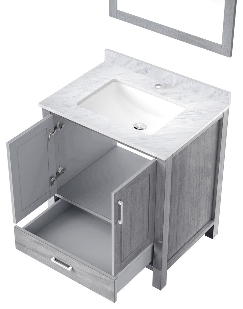 Jacques 30" Distressed Gray Single Vanity Carrara Marble Top Sink, 28" Mirror