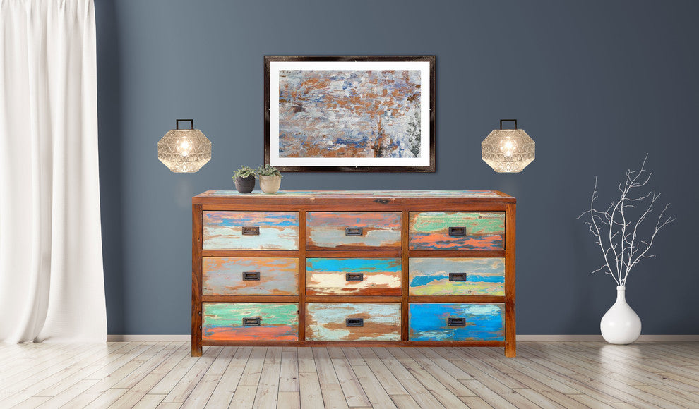 Dresser / Chest With 9 Drawers Made From Recycled Teak Wood Boats