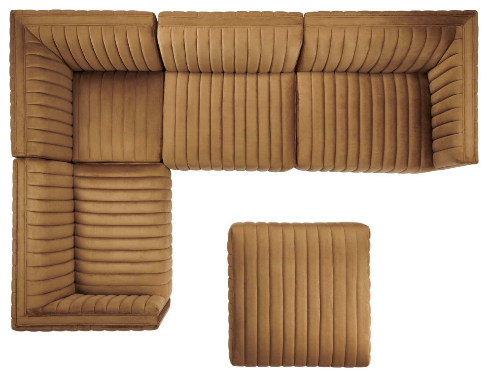 Conjure Channel Tufted Performance Velvet 5-Piece Sectional, Black Cognac