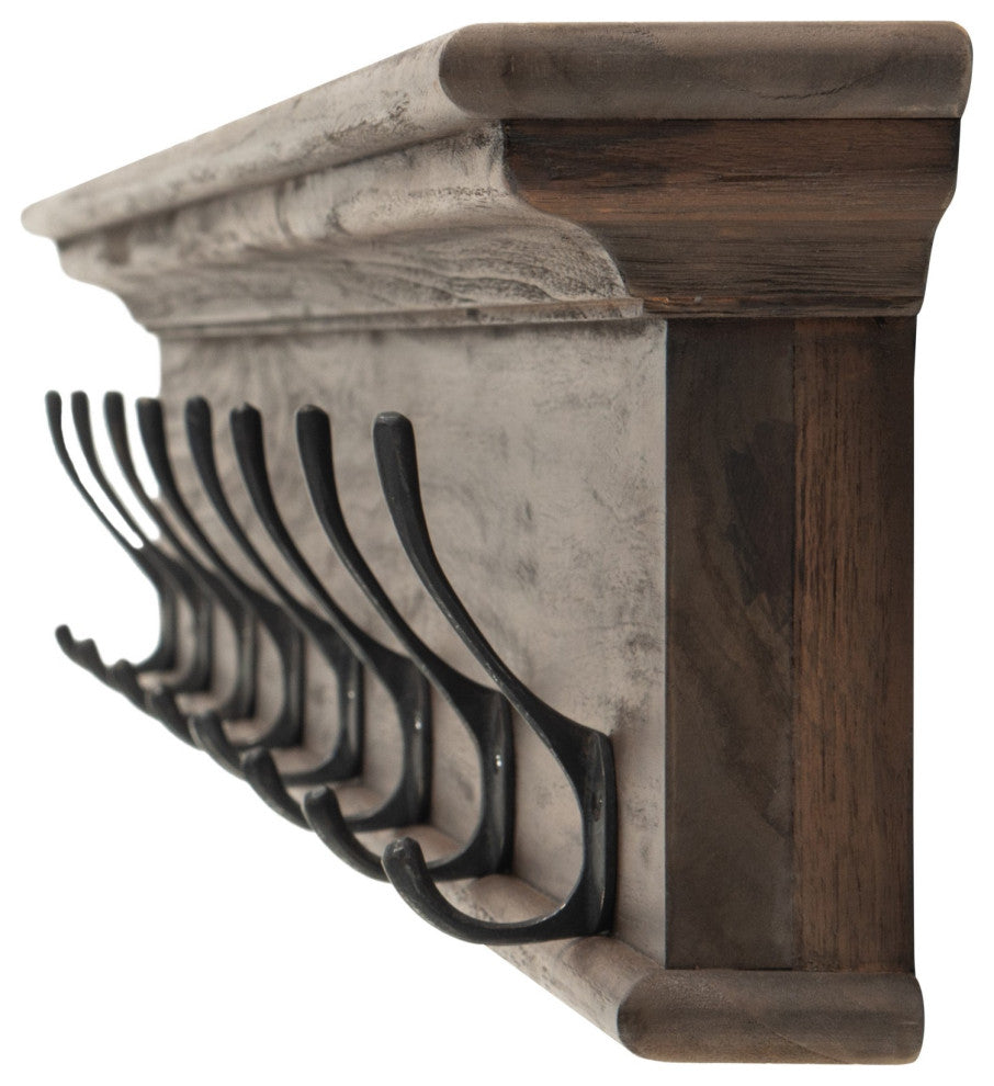 Rustic Dark Wood Eight Hook Hanging Coat Rack