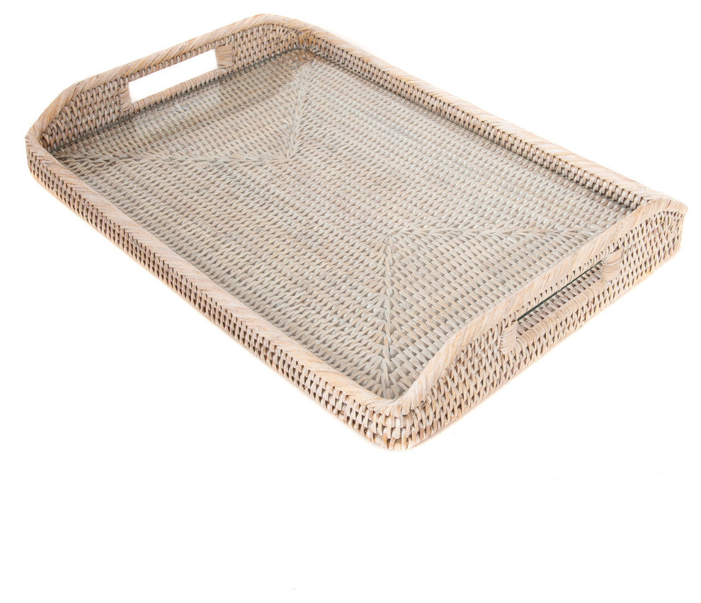 Rectangular Tray With Glass Insert, White Wash, 17"x12"x1"