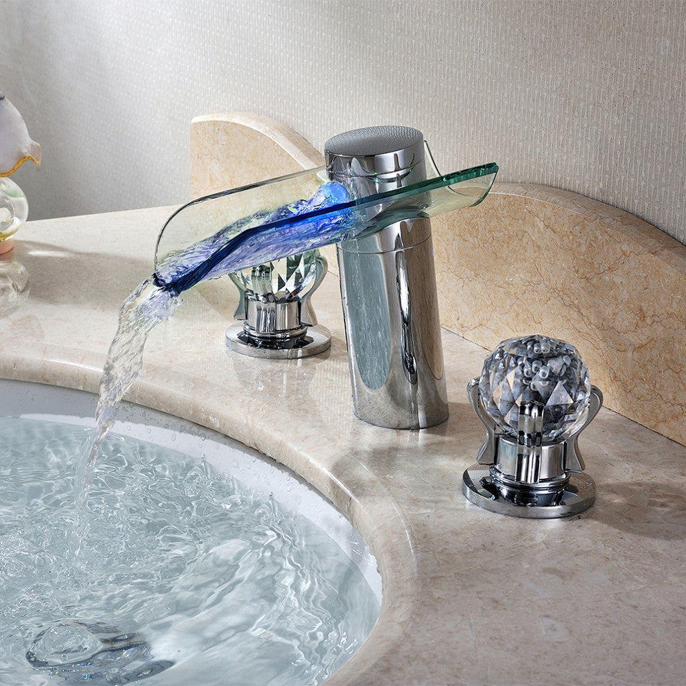 Morga LED Lighted Waterfall Bathroom Widespread Sink Faucet Crystal Handle