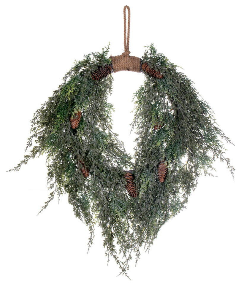 Vickerman 24" Artificial Snow Cedar Hanging Wreath With Pinecones.
