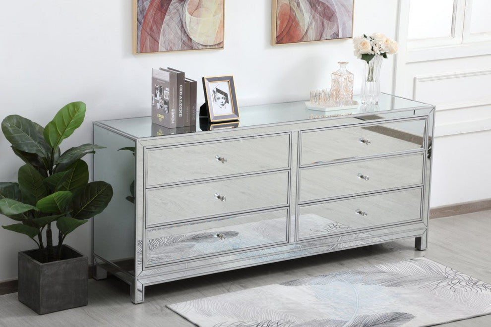 Rosie 72" Mirrored 6-Drawer Chest, Antique Silver