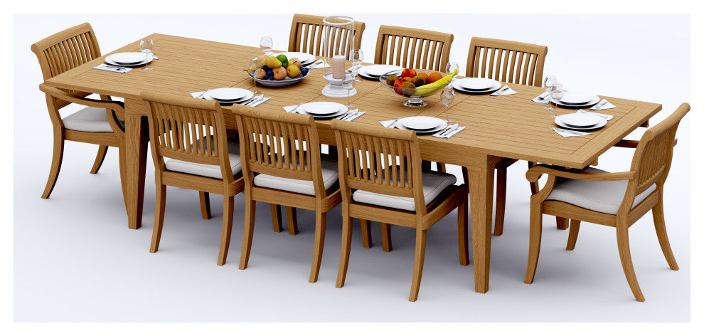 9-Piece Outdoor Teak Dining Set, 122" Extension Table, 8 Arbor Stacking Chairs