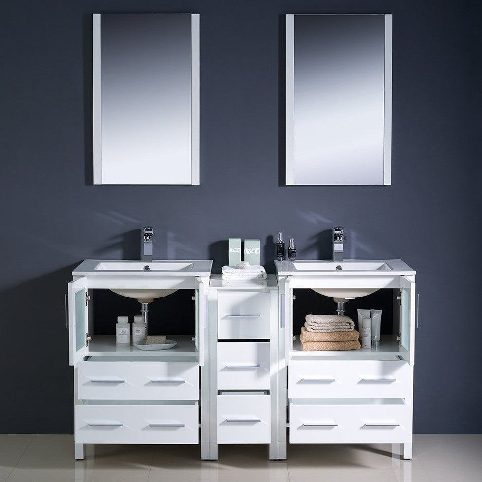 Torino 60" White Modern Double Sink Bathroom Vanity, Faucet FFT1030BN
