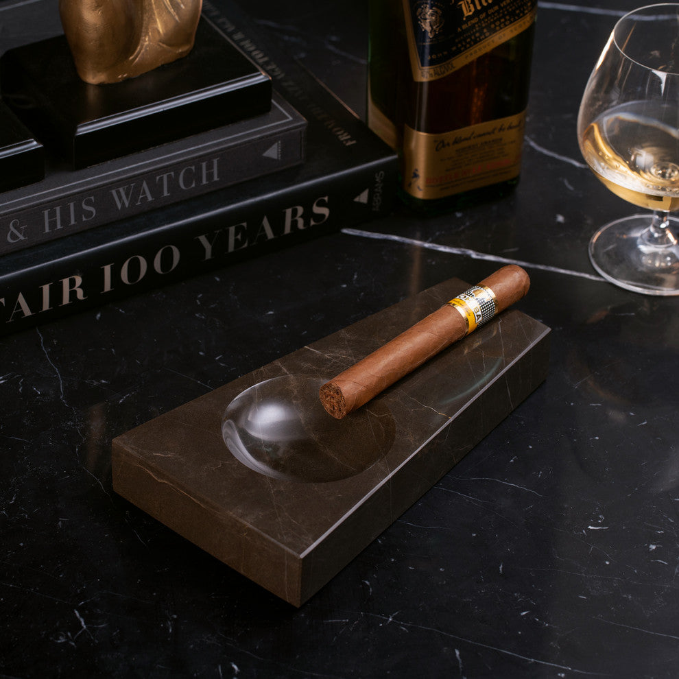 Handcrafted Genuine Marble Single Cigar Ashtray, Amber Emperador Marble