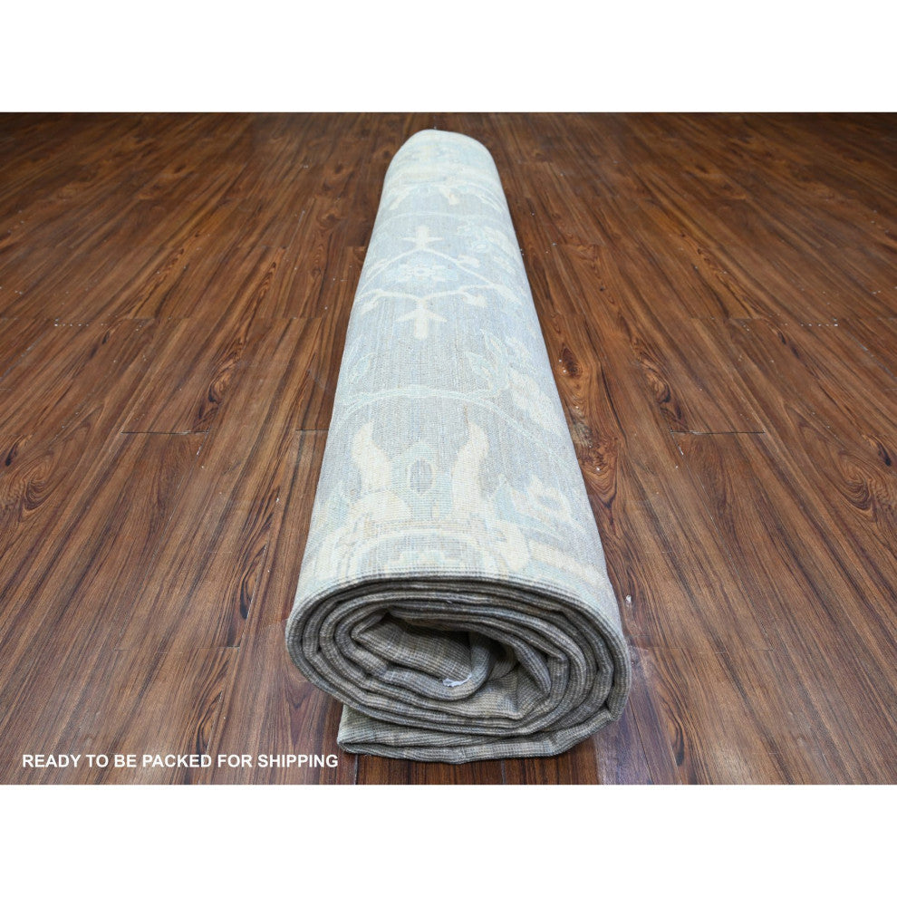 Gray Washed Out Peshawar Wool Hand Knotted Oversized Oriental Rug, 11'9"x14'4"