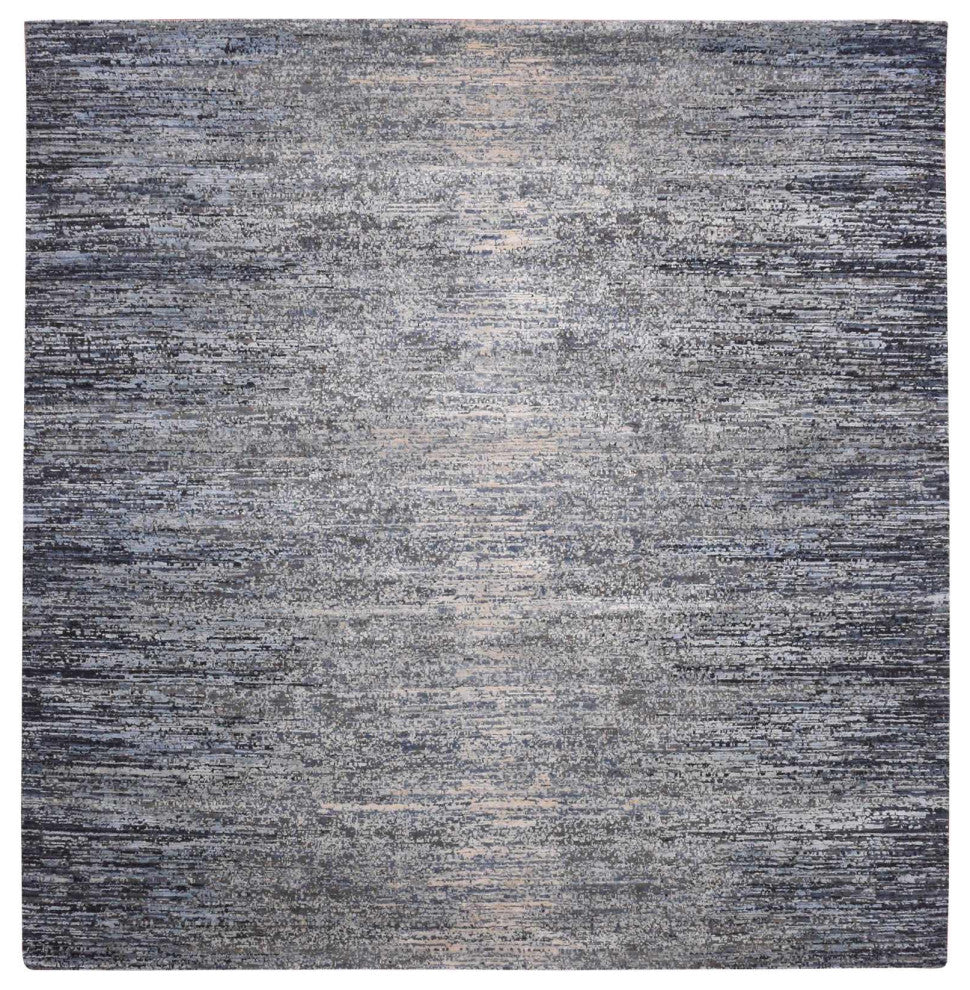Blue Oceanic Wool and Pure Silk Hand Knotted Oriental Square Rug, 8'0"x8'2"