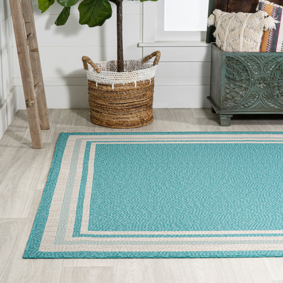 James Modern Border Stripe Indoor/Outdoor Area Rug, Aqua/Beige, 8x10