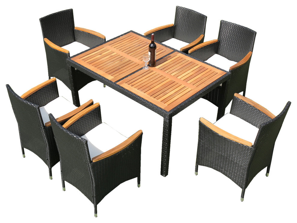 7 Pieces Outdoor Patio Wicker Furniture Dining Table Set With 6 Stools