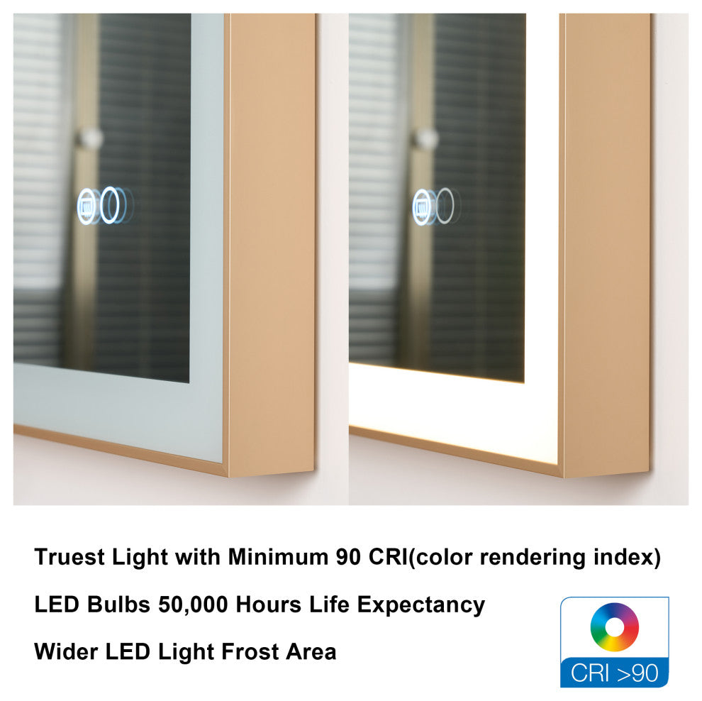 Framed LED Lighted Bathroom Vanity Mirror With Defogger, Gold, 24"x32"